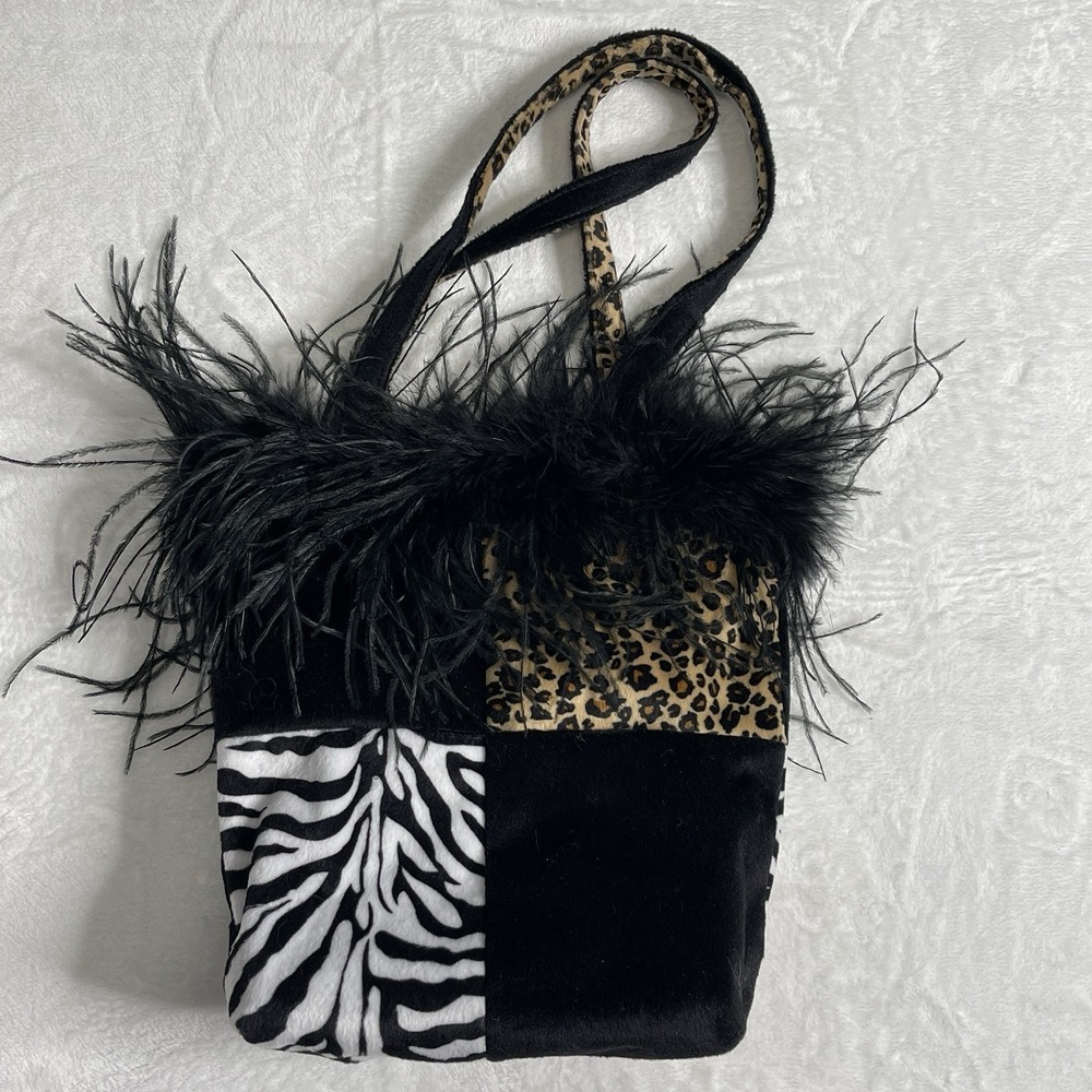 Vintage‎ 90s Y2K Leopard Faux Fabric Purse Bag Ostrich Feathers